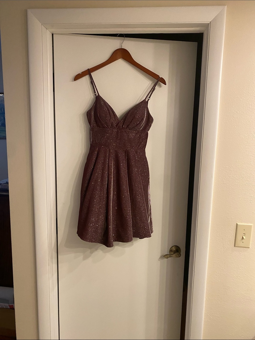 B Darlin Sparkle Mauve Mini Dress with Spaghetti Straps
